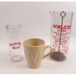 A Horlicks advertising mixer glass and measure plus a Sweet Dreams Bournvita mug