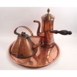 A 19th century large copper chocolate pot, 27cm with turned wood handle, a copper kettle and a