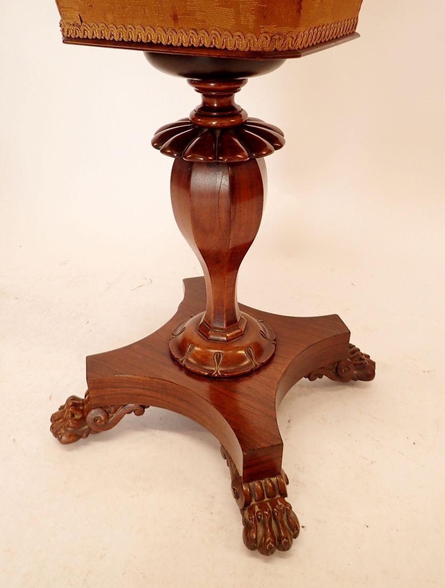 A 19th century rosewood sewing table with square top enclosing well, all on carved column and - Image 4 of 4