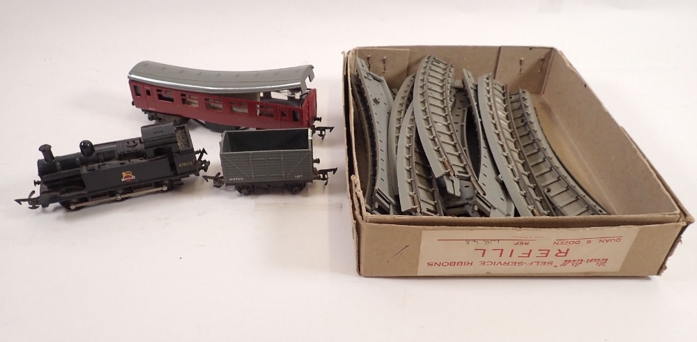 A Triang small train set including engine, coach and wagon