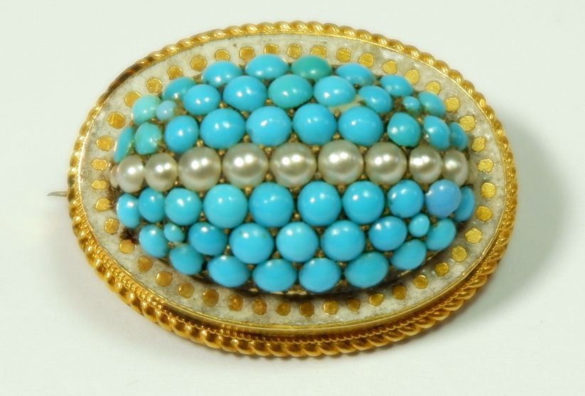 A Victorian yellow metal oval domed brooch set turquoise and seed pearls, 2.5cm wide, boxed - Image 2 of 3