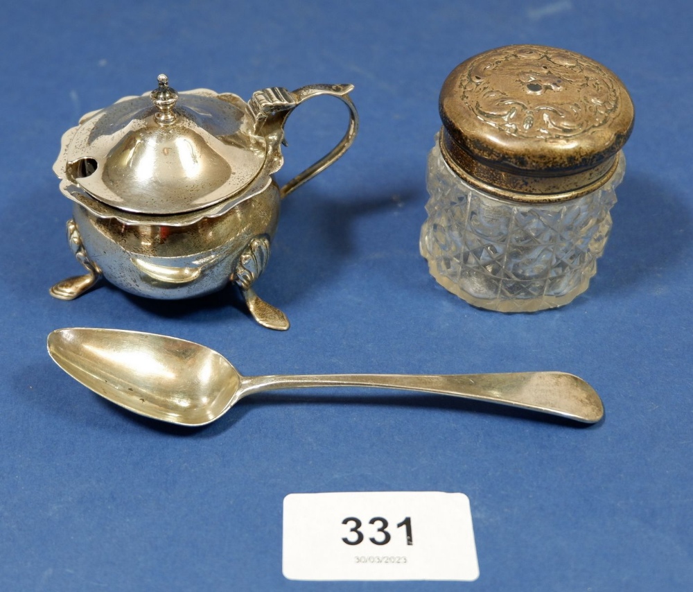 A silver mustard pot, a silver teaspoon and a silver and cut glass dressing pot - a/f