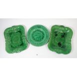 A pair of Victorian rectangular green Majolica leaf plates, 28 x 20cm and one other circular one