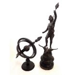 A spelter figure 'Le Jour', 35cm tall and a model of an Armillary