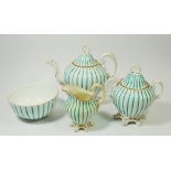 A Victorian turquoise striped teapot, sugar, slop bowl and jug