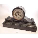 A large Victorian slate and marble mantel clock with visible escapement, 50cm wide