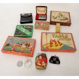 A box of vintage toys and games including a boxed Spear's Blow Football and a boxed Table Skittles