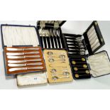 Five cased sets of plated cutlery including Walker & Hall teaspoons, vintage coffee bean spoons