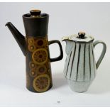 A Denby blue glaze stripe coffee set comprising: coffee pot (a/f), six cups, covered sugar, sugar,