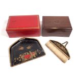 A Victorian Japanned metal and wood small crumb brush, two boxes and tray, 14cm