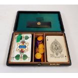 A leather cased set of old playing cards by Goodall & Son and various counters etc