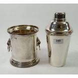 A silver plated cocktail shaker and a silver plated ice bucket