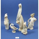 A Lladro lady with basket of fruit, girl with umbrella, child with lamb, geese and Nao girl