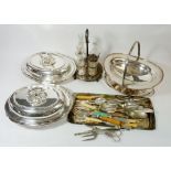 A box of silver plated items including entree dishes and cake basket