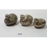 A silver plated partridge form novelty salt, pepper and mustard