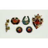 Two Scottish stone set brooches, a shamrock brooch and micro mosaic brooch and earrings