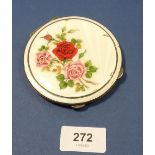 A silver and enamel compact decorated roses, chipped