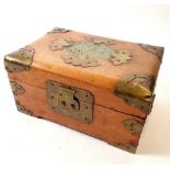 An Eastern wooden box with brass mounts and stone inlaid panel, 21 x 14 x 10cm