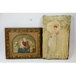 A Victorian embroidered picture of The Virgin & Child with angels, 18 x 12cm and an embroidered