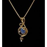 An 18 carat gold scrollwork pendant set black opal and diamond, on 18ct gold chain, 10g, 3.7cm drop