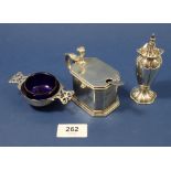 A silver fluted pepper pot, a silver two handled dish and a silver mustard pot with hinged lid, 267g