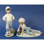 Two Lladro figures including 'All Aboard' No 7619 plus a boy with football, unboxed