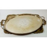 A Victorian oval silver plated tray and rectangular one with engraved cast border