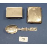 A silver cigarette case, matchbox cover and silver spoon for Westminster Abbey, 173g total