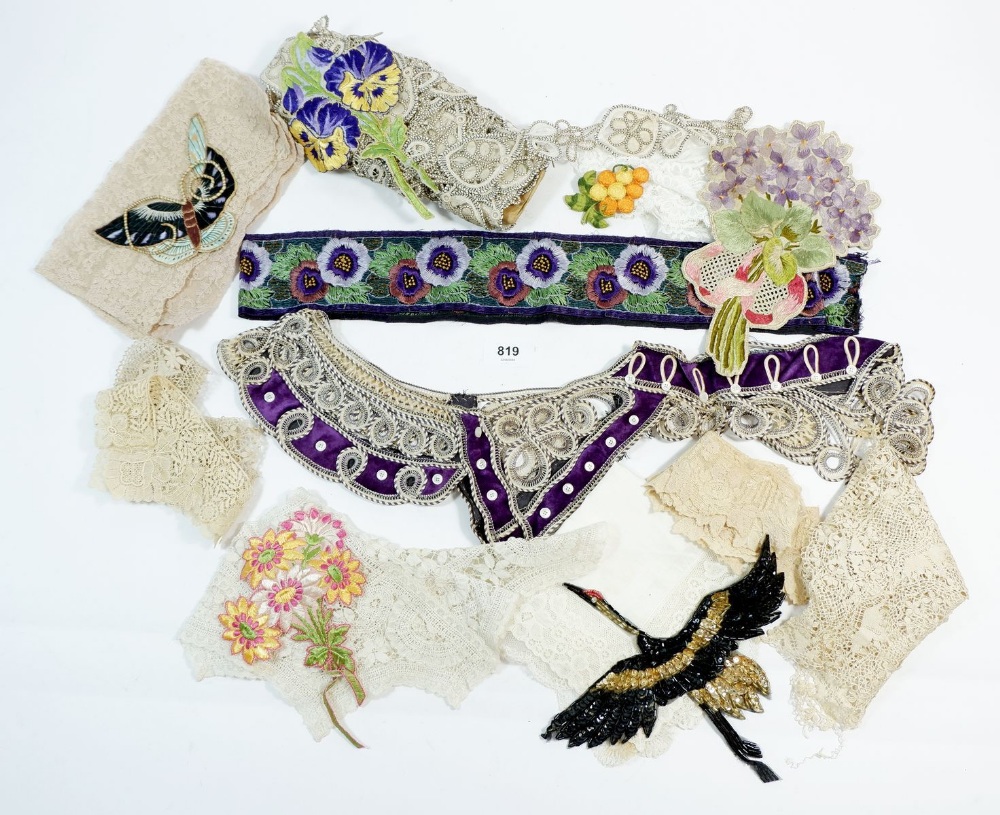 A group of antique lace, antique collars, embroidered patches, silk embroidered trim and a velvet