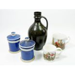 Two Victorian blue stoneware spice jars, two hunting mugs and an earthenware black ewer