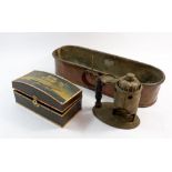 A 19th century copper plant trough, 42cm long, a painted box and a brass lamp