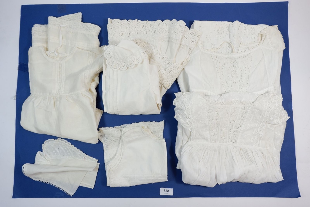 Four cotton christening gowns, a silk one, a Victorian baby's dress, large shift nightdress etc.