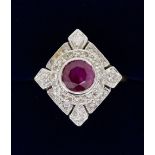 A 9 carat gold Art Deco style ruby and diamond geometric ring, size N, 5g