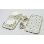 Two Furstenberg porcelain pin trays and a miniature vase plus a Limoges porcelain box and three
