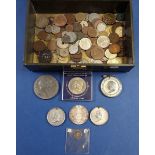 A box of world coins and medallions including examples: British, Channel Islands, Eire, Egypt,