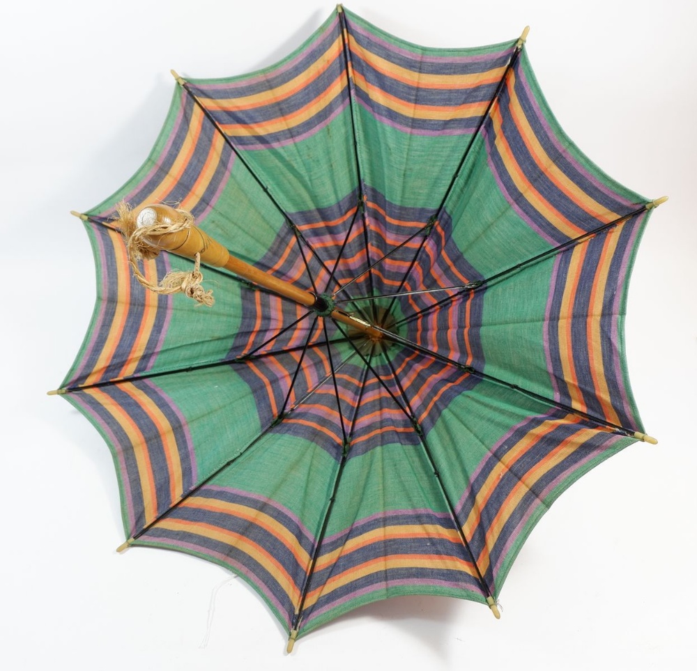 A 1920's striped parasol and a silk parasol with cherry painted handle - Image 2 of 2
