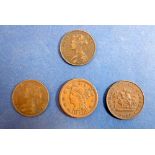 Four North American coins including: USA cent (braided hair) 1847, Canada: halfpenny 1850 (Bank of