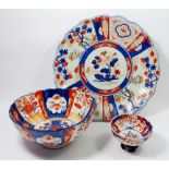 An Imari charger, 36.5cm diameter and two Imari bowls