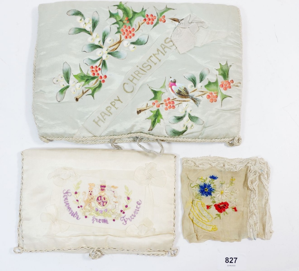 An Edwardian painted silk 'Happy Christmas' case, 29 x 19cm a silk souvenir from France and a silk