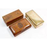 A Royal Signals carved cigarette box, a gold plated cigarette box and an oak box