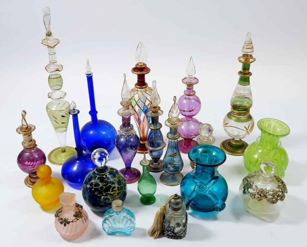 A collection of glass scent bottles etc. plus Medina glass paperweight, tallest 25cm