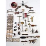 A group of Britains lead miscellanous items including post box, signs, dove cot, miniature carts,