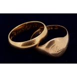An 18 carat gold wedding band 6.8g, size Y plus a 9 carat gold signet ring, 4.8g, size Z