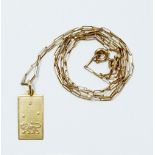 A 9 carat gold chain with a 14 carat rectangular pendant, 2.9g