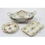 A Dresden floral encrusted oval dish, 20cm wide and two Rosenthal floral pin dishes