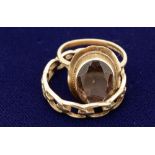 Two 9 carat gold rings: one link design, size U, 2.7g, one set with oval smoky quartz size L-M, 3.3g