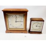 A mahogany Elliott mantel clock, 23.5cm tall plus a smaller oak Elliott mantel clock, glass a/f,