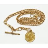An 18 carat gold fob chain mounted with a gold sovereign 1899, total 73g