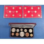 Three British pre-decimal coin sets including: 1953 set farthing through coronation crown (10 coins)