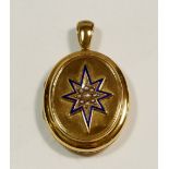 A Victorian gold oval locket inset enamel star and seed pearls, 14.3g locket 3.5 x 3cm unmarked